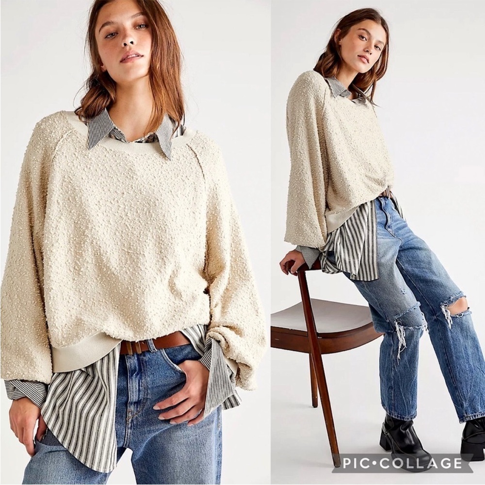 Free People Found My Friend Pullover Boucle Sweater size L chic 90s cozy boho